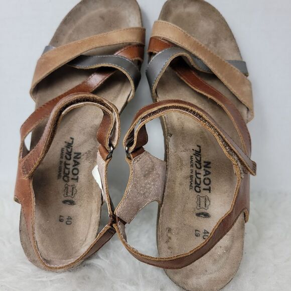 Naot Kayla Metallic/Brown /Tan Leather Cork Footbed Wedge Sandals Shoes size 9.5 - Picture 8 of 9